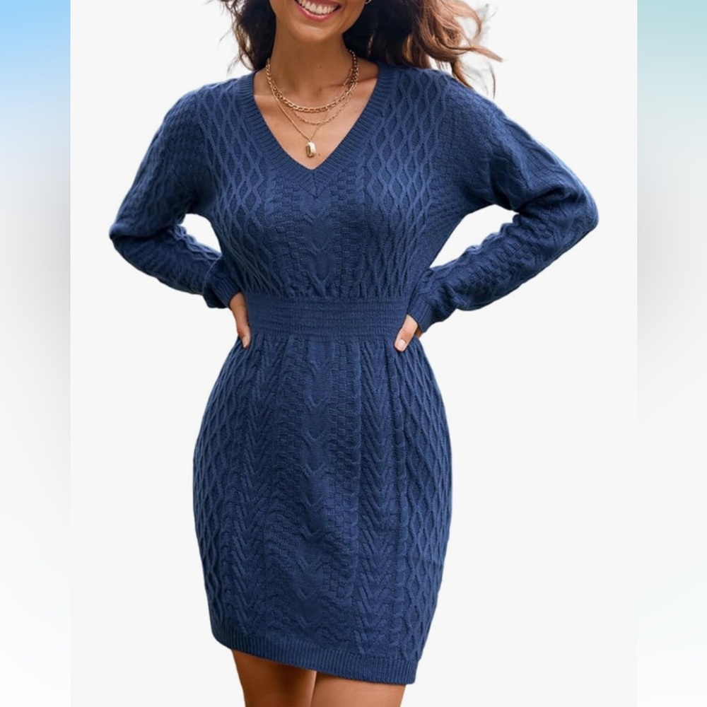 Teal Blue Cable Knit Vneck Sweater Dress Cupshe